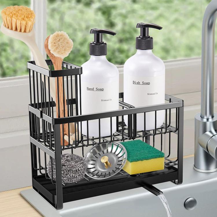 2-stufiger Schwamm-Trockenständer Küchenspüle Arbeitsplatten-Organizer Halter für Spülbürsten, lange Bürsten & Geschirrtücher