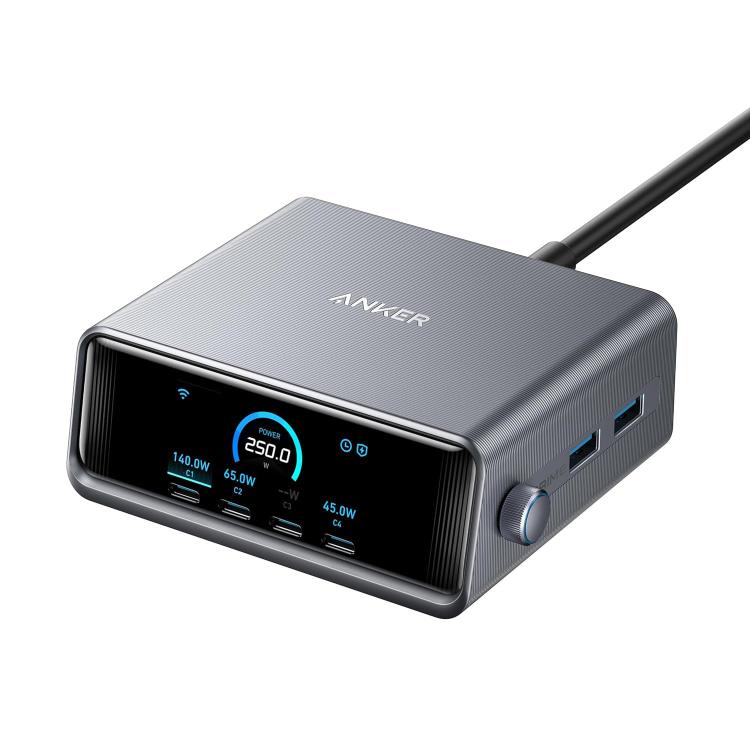 ANKER Prime Galliumnitrid 250W Schnellladegerät 4 Typ-C+2 USB 6-Port Desktop Smart Display Ladestation, US-Stecker, A2345