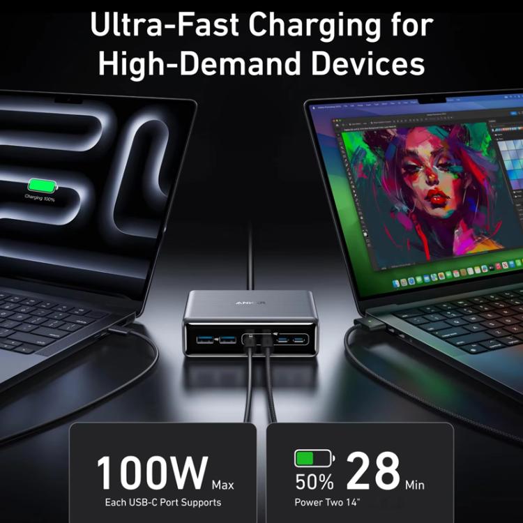 Prime 200W Gallium-Nitrid Desktop-Ladegerät 4 Typ-C+2 USB 6-Port Ladestation, US-Stecker, A2683