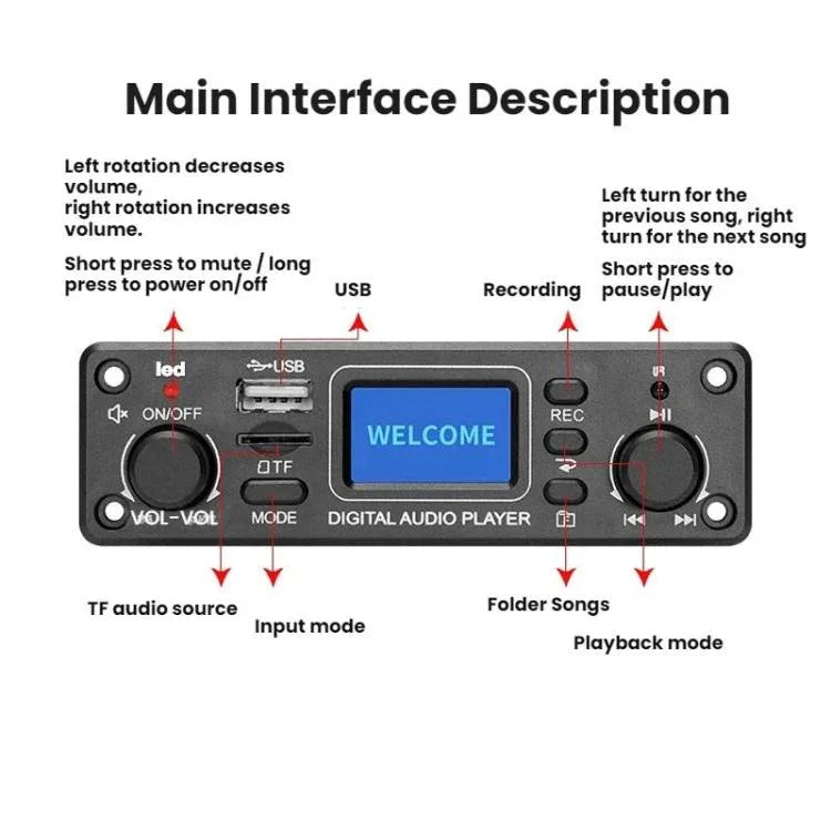 MP3 Bluetooth Decoderplatine USB/Line-In Eingang Digitaler Autoradio-Player, TPM119B