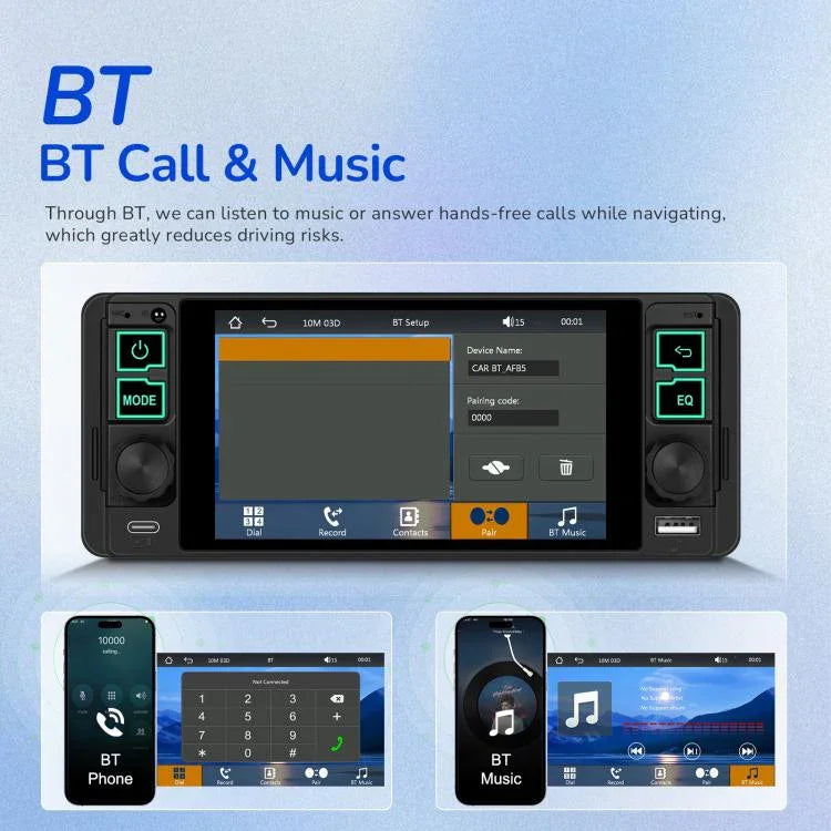 5,1 Zoll horizontaler Bildschirm Einsitzer-Universal-MP5-Player mit kabelloser Carplay-Funktion, integriertes Gerät, Standard, Standard + 12 Lichtkamera