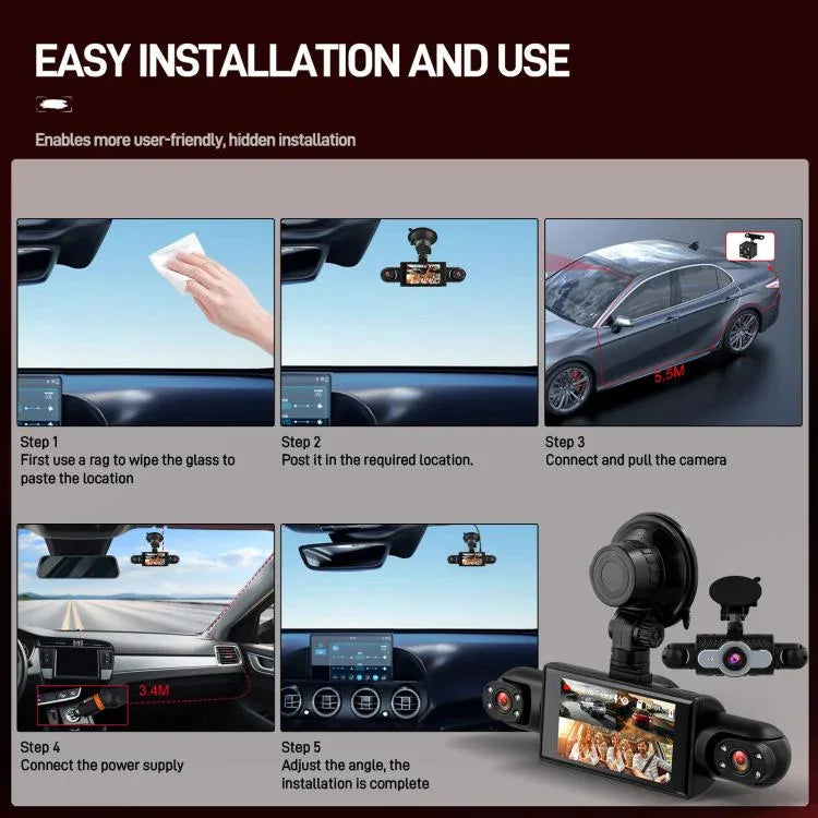 3 Zoll 1080P Auto-Dashcam mit vier Objektiven 480P Innenraum Links Rechts Rückkameras, L5972