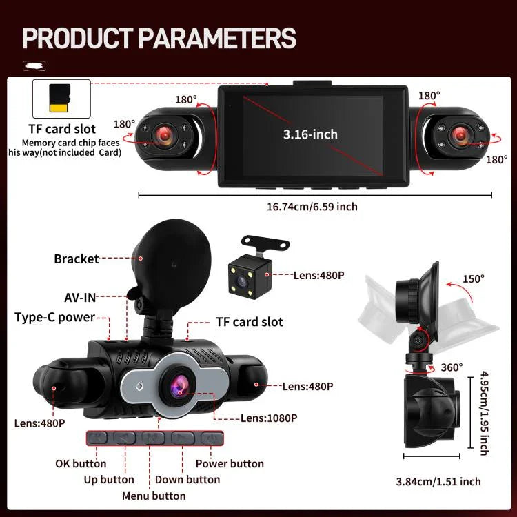 3 Zoll 1080P Auto-Dashcam mit vier Objektiven 480P Innenraum Links Rechts Rückkameras, L5972