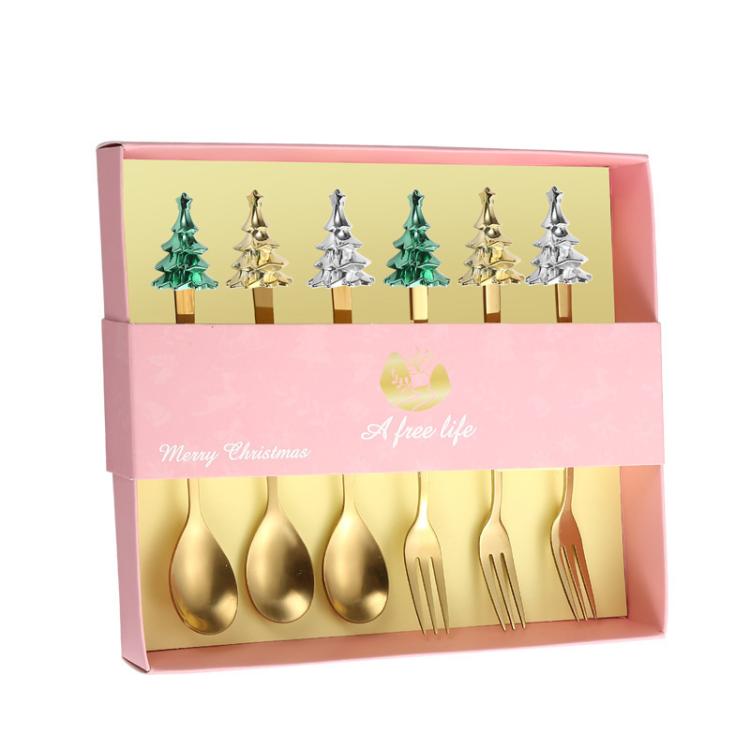 6-Piece Christmas Tree Utensil Set Stainless Steel Coffee Spoons, Dessert Forks with Gift Box