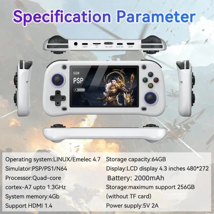 G28 Tragbare Open-Source-Handheld-Spielkonsole, 4,3-Zoll-HD-IPS-Bildschirm, ARM Quad-Core Cortex-A7 1.3GHz, 64GB