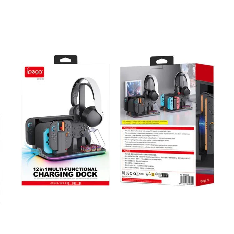 ipega 12-in-1 Multifunktions-Ladestation für Nintendo Switch 2/Switch Joy-Con Aufladen, Pro Controller Dock, Lüfter, Game & Headset Aufbewahrungsorganisator, 12-in-1