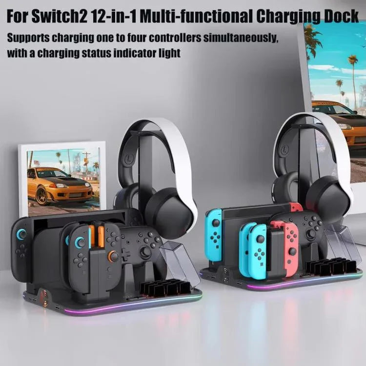 ipega 12-in-1 Multifunktions-Ladestation für Nintendo Switch 2/Switch Joy-Con Aufladen, Pro Controller Dock, Lüfter, Game & Headset Aufbewahrungsorganisator, 12-in-1