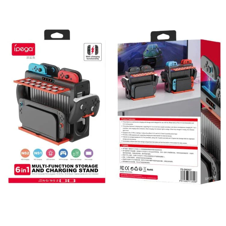 ipega 6-in-1 Multifunktions-Ladestation und Aufbewahrungsständer für Nintendo Switch 2 / Switch Joy-Con mit 14 Spielkartenfächern und 16-Felder-Spielehülle, 6-in-1