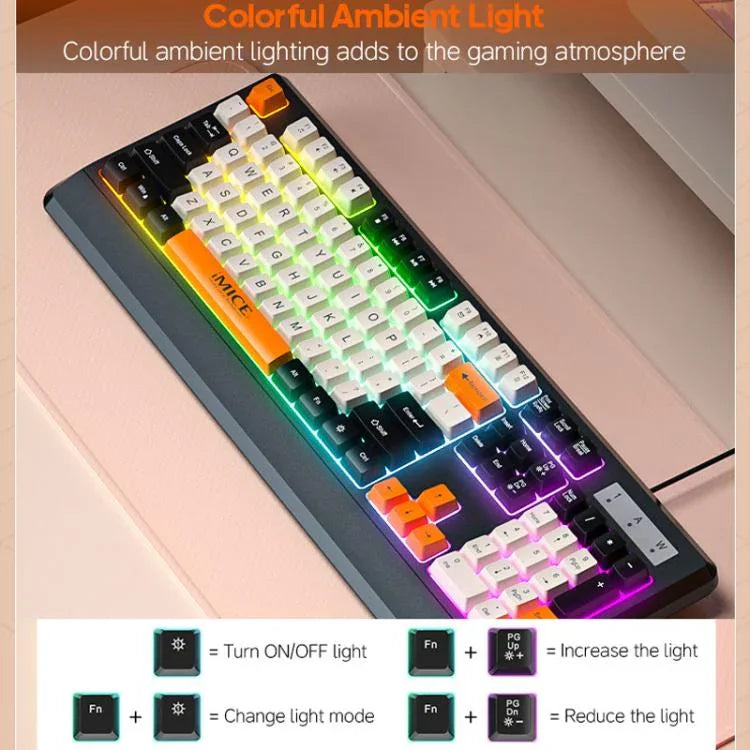 iMICE AK-100 Kabelgebundene USB-Tastatur mit Regenbogen-Hintergrundbeleuchtung und Farbblock-Tastenkappen
