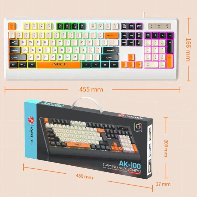 iMICE AK-100 Kabelgebundene USB-Tastatur mit Regenbogen-Hintergrundbeleuchtung und Farbblock-Tastenkappen
