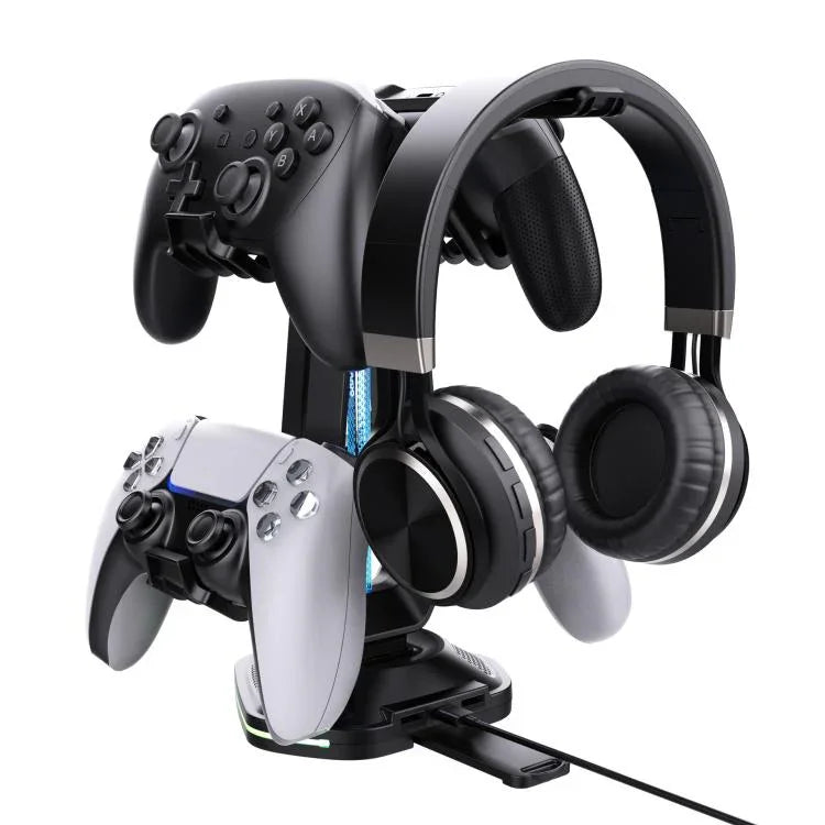 Multifunktionaler Gaming-Ständer für Headset und 4 Controller mit zwei USB-Ladeanschlüssen und RGB-Beleuchtung