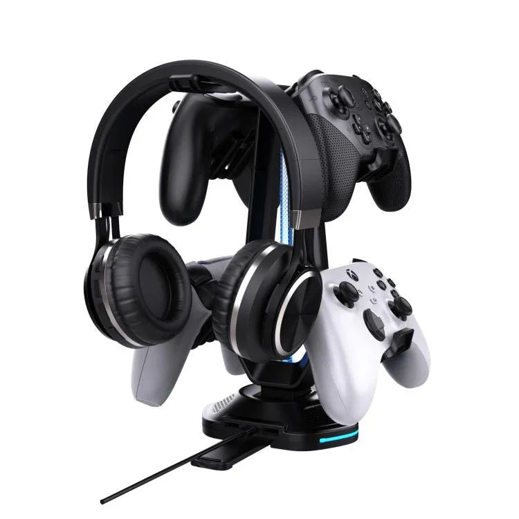Multifunktionaler Gaming-Ständer für Headset und 4 Controller mit zwei USB-Ladeanschlüssen und RGB-Beleuchtung