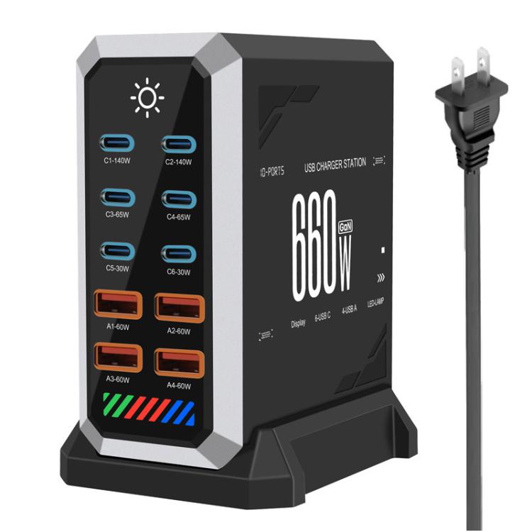 6 Type-C+4 USB Multi-Port 660W Hochleistungs-Gallium-Nitrid-Schreibtischladegerät, US-Stecker, UK-Stecker, EU-Stecker, AU-Stecker