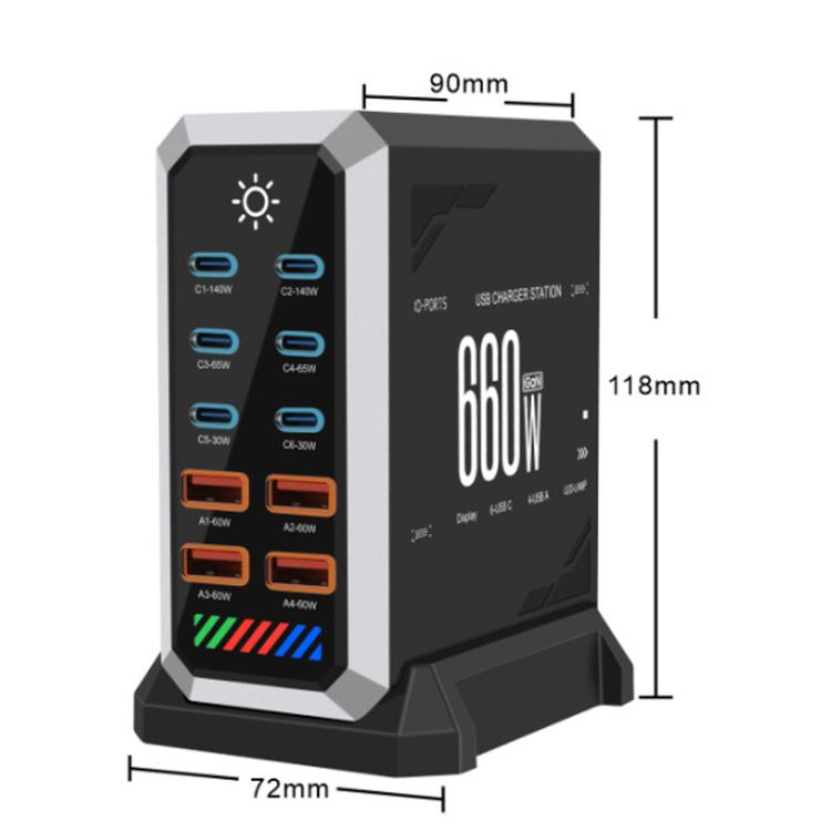6 Type-C+4 USB Multi-Port 660W Hochleistungs-Gallium-Nitrid-Schreibtischladegerät, US-Stecker, UK-Stecker, EU-Stecker, AU-Stecker