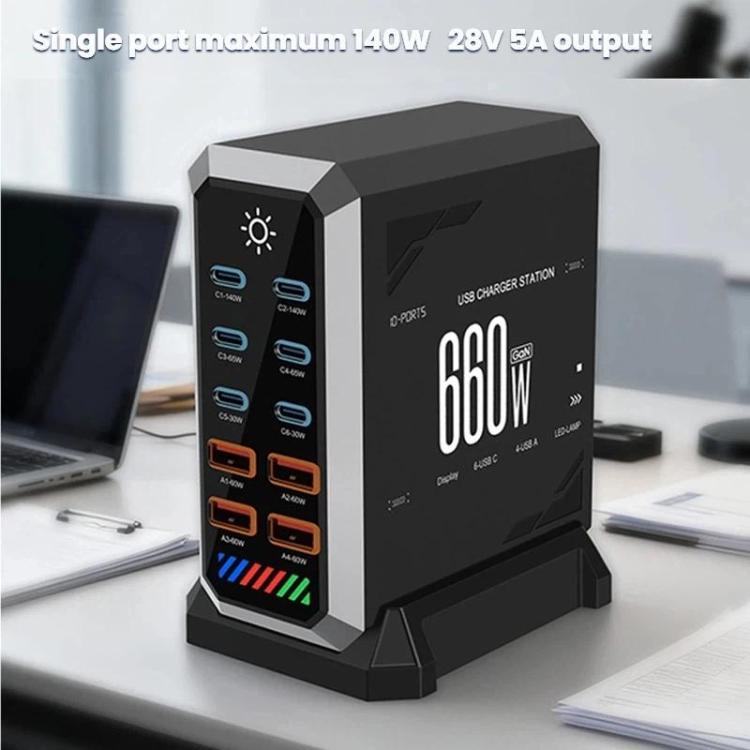 6 Type-C+4 USB Multi-Port 660W Hochleistungs-Gallium-Nitrid-Schreibtischladegerät, US-Stecker, UK-Stecker, EU-Stecker, AU-Stecker