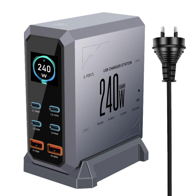 4 Type-C+2 USB Multi-Port 240W Dynamische Anzeige Gallium-Nitrid-Ladegerät, AU-Stecker, US-Stecker, EU-Stecker, UK-Stecker