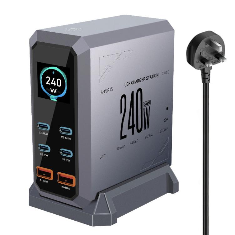 4 Type-C+2 USB Multi-Port 240W Dynamische Anzeige Gallium-Nitrid-Ladegerät, AU-Stecker, US-Stecker, EU-Stecker, UK-Stecker