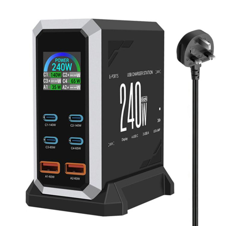 4 Type-C+2 USB Multi-Port 240W Dynamische Anzeige Gallium-Nitrid-Ladegerät, AU-Stecker, US-Stecker, EU-Stecker, UK-Stecker