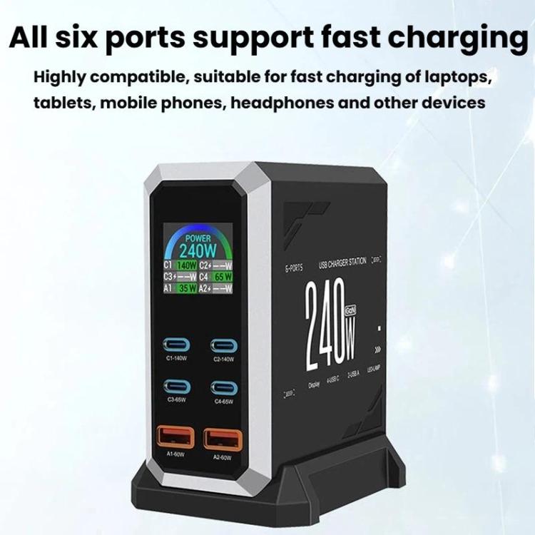 4 Type-C+2 USB Multi-Port 240W Dynamische Anzeige Gallium-Nitrid-Ladegerät, AU-Stecker, US-Stecker, EU-Stecker, UK-Stecker