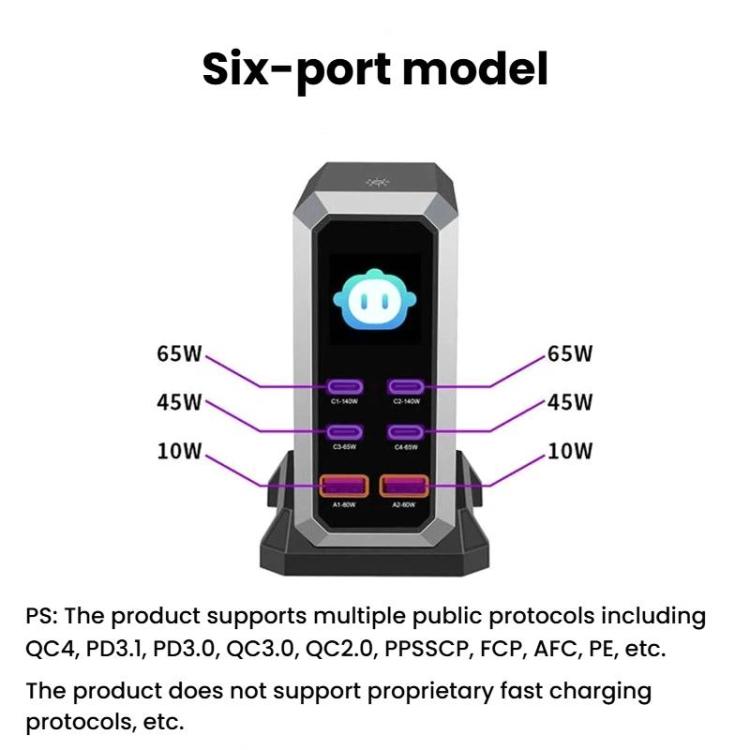 4 Type-C+2 USB Multi-Port 240W Dynamische Anzeige Gallium-Nitrid-Ladegerät, AU-Stecker, US-Stecker, EU-Stecker, UK-Stecker