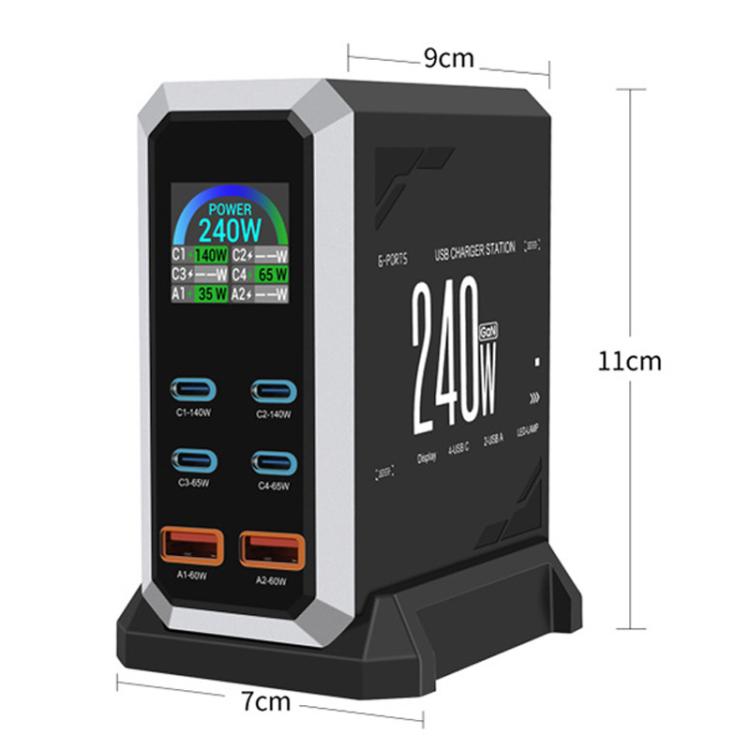 4 Type-C+2 USB Multi-Port 240W Dynamische Anzeige Gallium-Nitrid-Ladegerät, AU-Stecker, US-Stecker, EU-Stecker, UK-Stecker