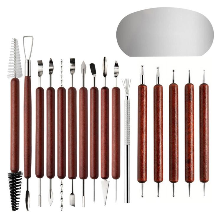 Lehmwerkzeug-Set Edelstahl Skulptur- und Schnitzmesser mit Rosenholzgriffen für Polymerlehm, Töpferei, Modellieren, DIY Basteln, 17 in 1
