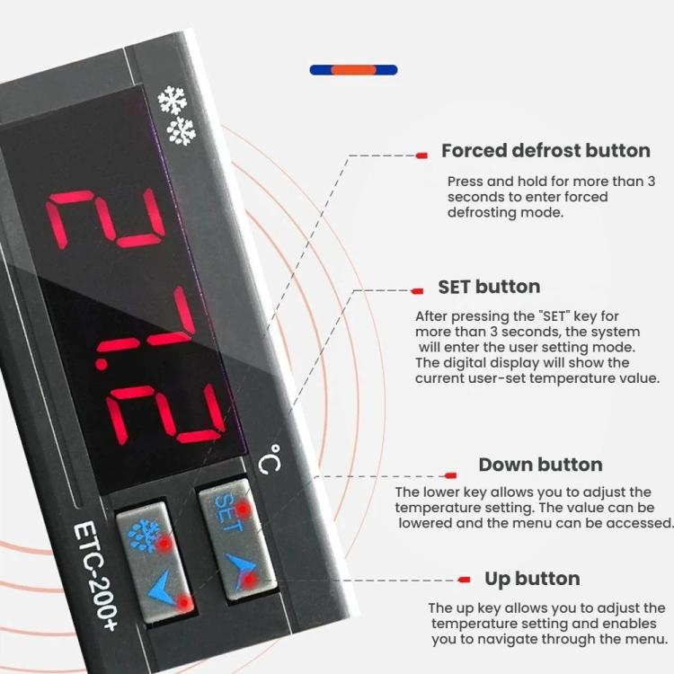 ETC-200+ Digitaler Temperaturregler mit Kühlung, Heizung, Abtauverzögerung & Alarm, 220V Englische Version, 110V Englische Version