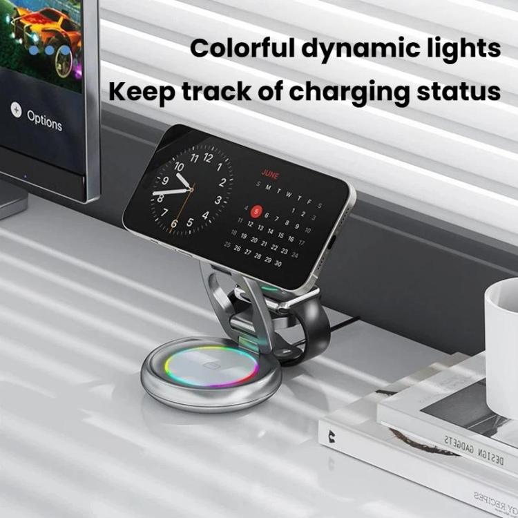 15W 3-in-1 Magnetisches Kabelloses Ladegerät mit LED Bunte Lichter Drehbarer Desktop-Ladeständer