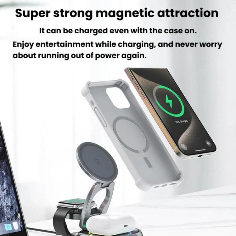 15W 3-in-1 Magnetisches Kabelloses Ladegerät mit LED Bunte Lichter Drehbarer Desktop-Ladeständer