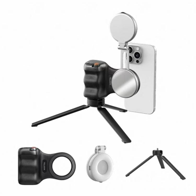 TELESIN Magnetische Handyhalterung Fotografiegriff Fernbedienungsassistent, Weißer Kameragriff+Silbernes Aufhelllicht, Weißer Kameragriff+Stativ+Silbernes Aufhelllicht, Weißer Kameragriff+Weißes Aufhelllicht, Weißer Kameragriff+Stativ+Weißes Aufhelllicht