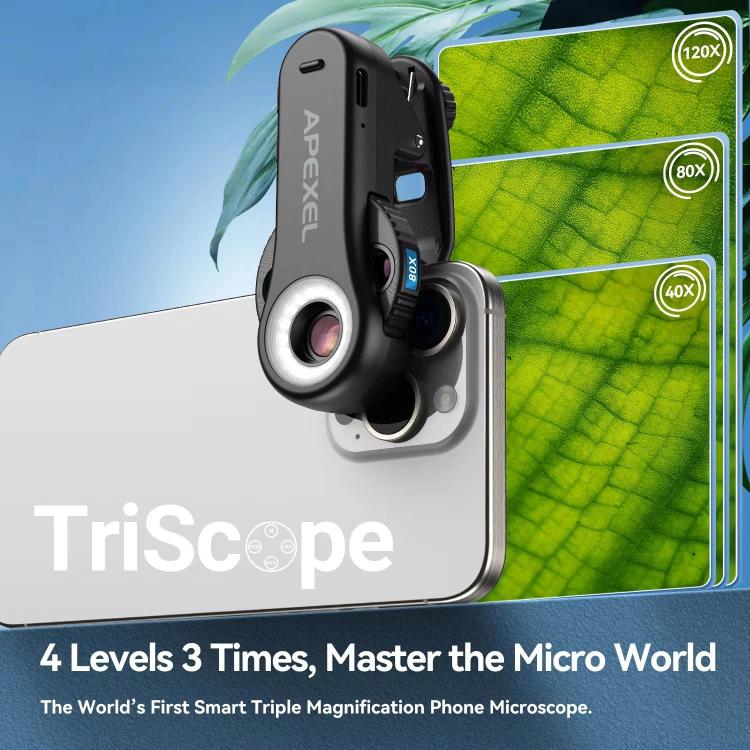 APEXEL TriScope 40X-80X-120X Telefonmikroskop mit Dual-Temperatur LED & UV-Beleuchtung, APL-MS3L