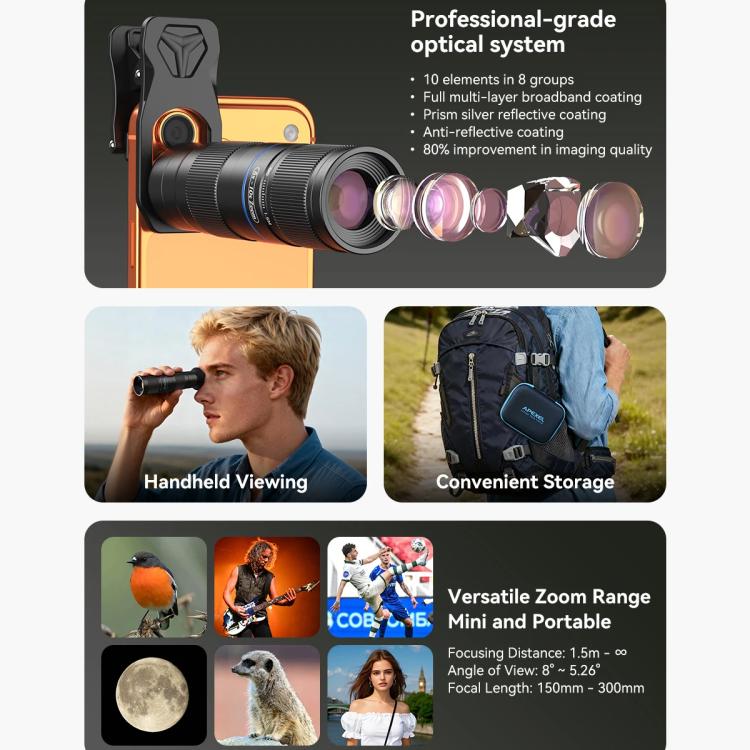 APEXEL TeleZoom 5–10X Zoom Teleobjektiv-Kit für Smartphone mit All-in-One Universalclip, APL-T5-10X