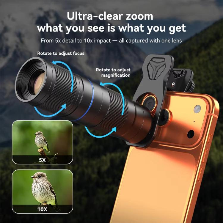 APEXEL TeleZoom 5–10X Zoom Teleobjektiv-Kit für Smartphone mit All-in-One Universalclip, APL-T5-10X