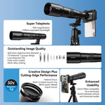 APEXEL TeleCular 50x Telephoto Lens Kit for Smartphone with 360-degree Ball Head Tripod & Internal Focus, APL-T50X