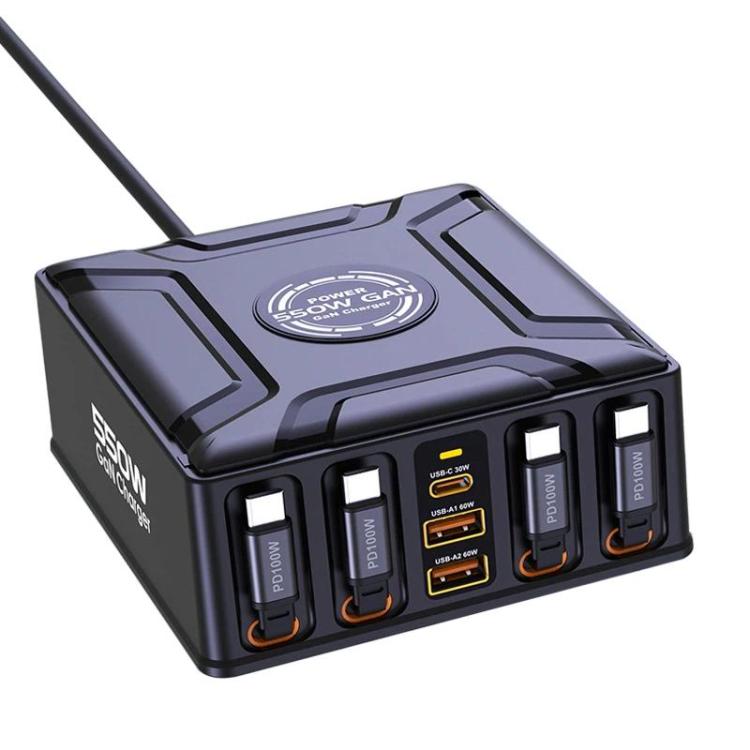 550W USB-C GaN Super-Schnellladegerät mit mehreren Anschlüssen und einziehbarem Kabel, EU Stecker, US Stecker, UK Stecker, AU Stecker, KR Stecker