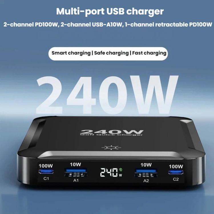 240W Intelligentes Schnellladegerät mit magnetischem USB einziehbarem Kabel und Mehrfach-Anschluss-Aufbewahrung, EU Stecker, US Stecker, UK Stecker, AU Stecker, KR Stecker