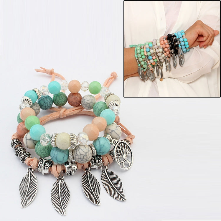 Vintage Ethnic Elasticity Marble Beads Bracelet Boho Leaves Bangle Bracelet, Blue, Colorful, Green, Orange, White
