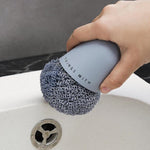 Polyester-Reinigungsball, Haushalts-Griff-Reinigungsbürste, Küche, kurzer Griff, Spülbürste, Weiß, Blau, 4 Ersatzköpfe