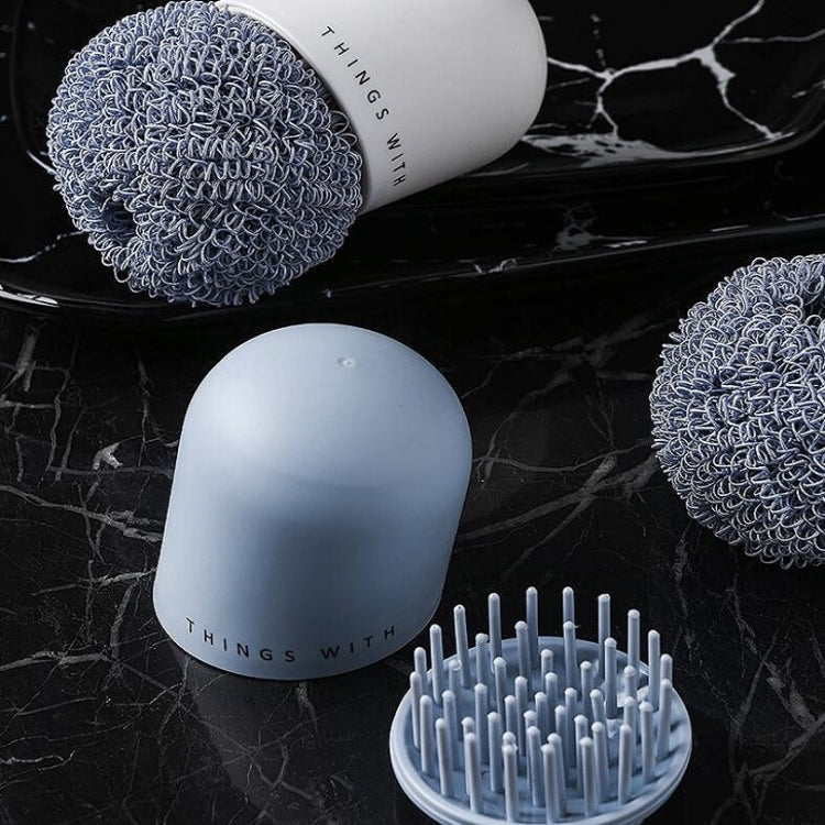 Polyester-Reinigungsball, Haushalts-Griff-Reinigungsbürste, Küche, kurzer Griff, Spülbürste, Weiß, Blau, 4 Ersatzköpfe