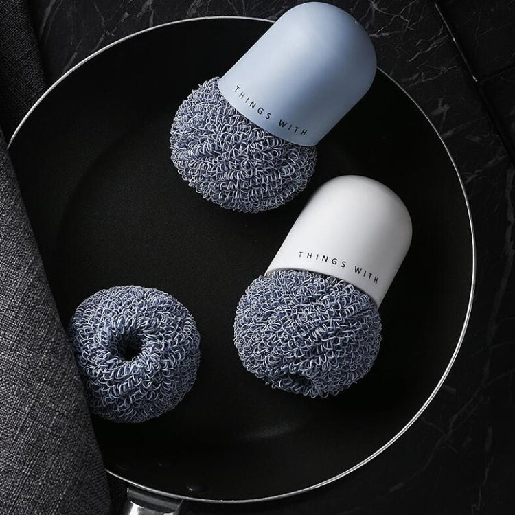 Polyester-Reinigungsball, Haushalts-Griff-Reinigungsbürste, Küche, kurzer Griff, Spülbürste, Weiß, Blau, 4 Ersatzköpfe