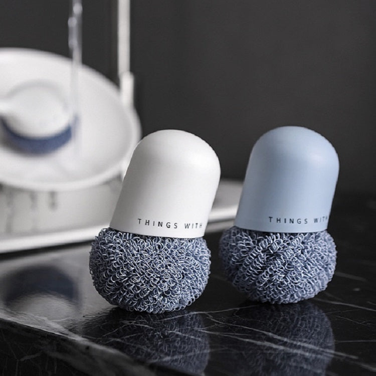 Polyester-Reinigungsball, Haushalts-Griff-Reinigungsbürste, Küche, kurzer Griff, Spülbürste, Weiß, Blau, 4 Ersatzköpfe