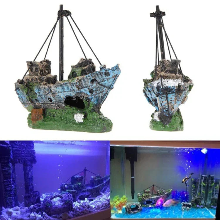 Piratenschiff Verfaultes Boot Kleines Netzboot Aquarium Landschaftsbau Fischtank Glaszylinder Szene, Piratenschiff