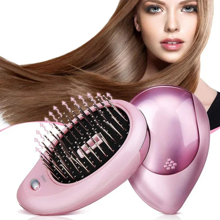Tragbare elektrische Haarbürste mit Ionen-Technologie, Haarglätterbürste, Negativ-Ionen-Kamm, antistatisch, Massagefunktion, Mini-Haarglättungskamm, Pink, Grün
