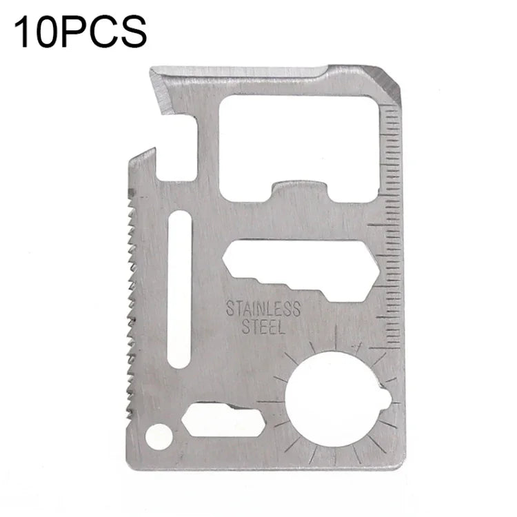 100 STÜCK 11-in-1 Tragbarer multifunktionaler Outdoor-Werkzeugkarten-Cutter aus Edelstahl mit Lederetui, Größe: 6,9 x 4,5 cm, 10 STÜCK