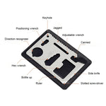 100 STÜCK 11-in-1 Tragbarer multifunktionaler Outdoor-Werkzeugkarten-Cutter aus Edelstahl mit Lederetui, Größe: 6,9 x 4,5 cm, 10 STÜCK
