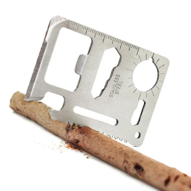 100 STÜCK 11-in-1 Tragbarer multifunktionaler Outdoor-Werkzeugkarten-Cutter aus Edelstahl mit Lederetui, Größe: 6,9 x 4,5 cm, 10 STÜCK