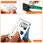 100 STÜCK 11-in-1 Tragbarer multifunktionaler Outdoor-Werkzeugkarten-Cutter aus Edelstahl mit Lederetui, Größe: 6,9 x 4,5 cm, 10 STÜCK