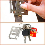 100 STÜCK 11-in-1 Tragbarer multifunktionaler Outdoor-Werkzeugkarten-Cutter aus Edelstahl mit Lederetui, Größe: 6,9 x 4,5 cm, 10 STÜCK