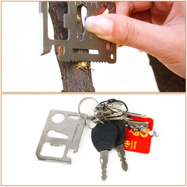 100 STÜCK 11-in-1 Tragbarer multifunktionaler Outdoor-Werkzeugkarten-Cutter aus Edelstahl mit Lederetui, Größe: 6,9 x 4,5 cm, 10 STÜCK
