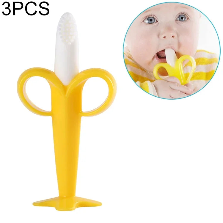 3 Stück Baby-Silikon-Trainingszahnbürste Bananenform Sichere Kleinkind-Beißring-Kauspielzeuge Zahnungshilfe Geschenk für Säuglinge, Gelb-B